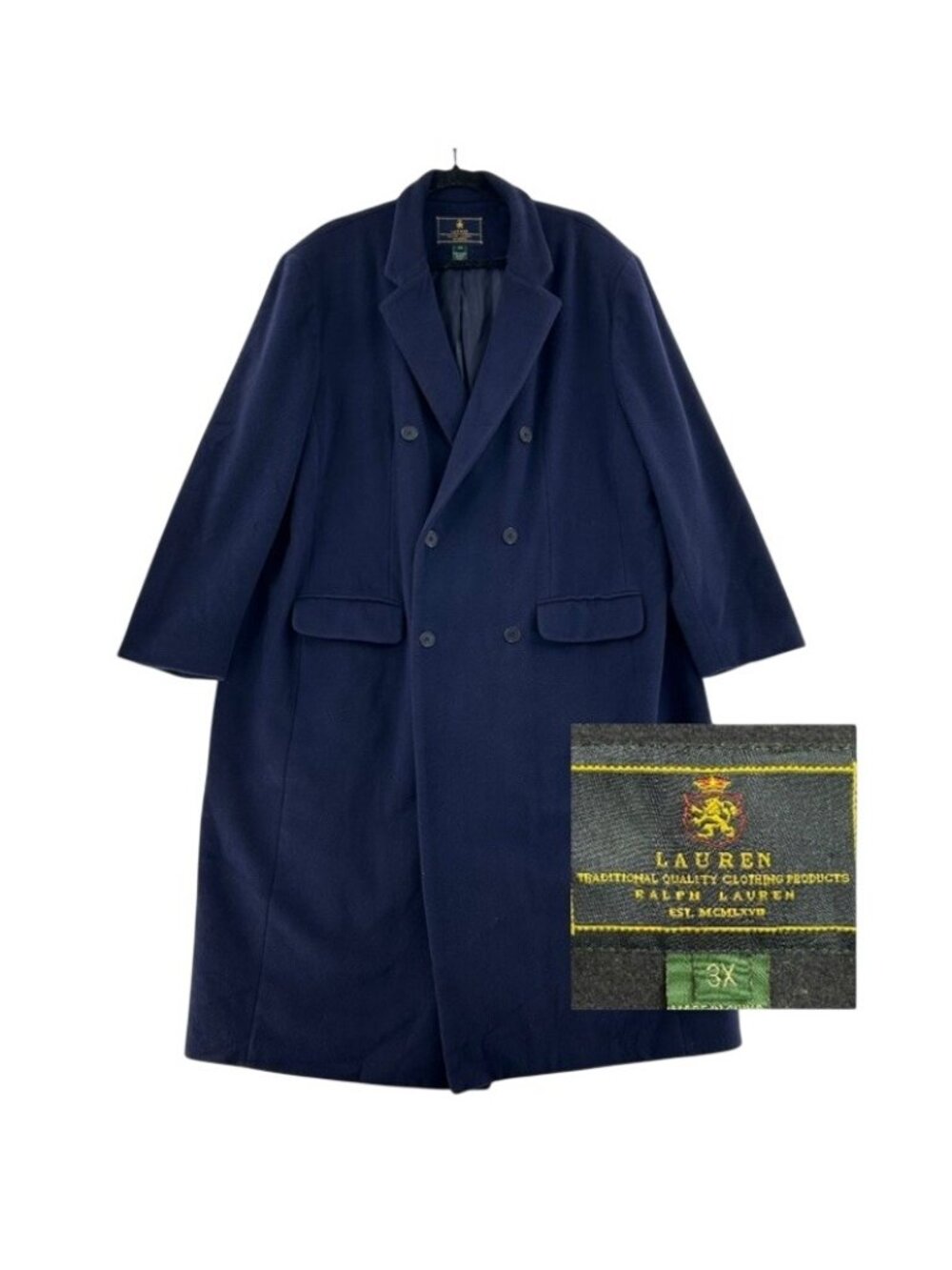 LAUREN RALPH LAUREN Men’s 3X Wool Cashmere Overcoat Navy Blue Double Breasted